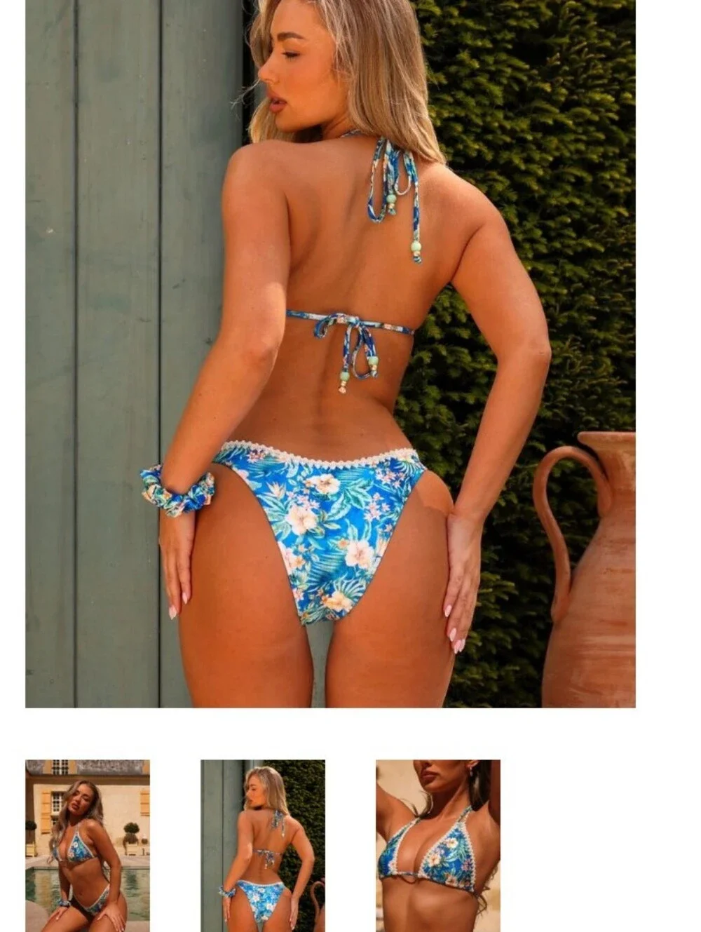 Kulani Kinis Blue Floral Crochet-Trim Triangle Bikini
